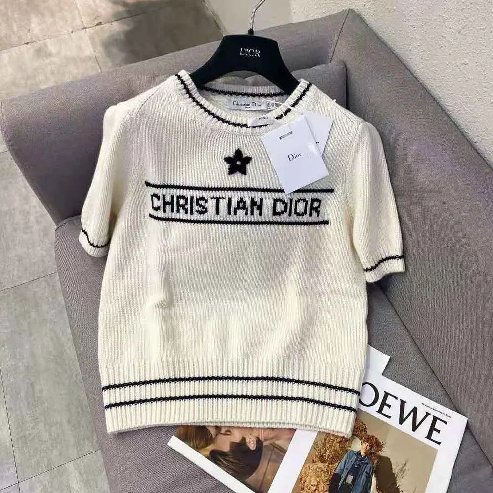 Dior Christian Dior Short-Sleeved Sweater Ecru Cashmere and Wool Knit for Women