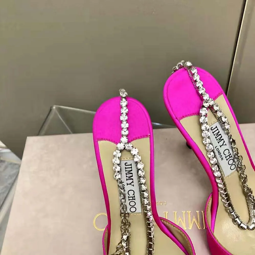 Jimmy Choo Saeda 100 Fuchsia Satin Pumps with Crystal Embellishment for Women Jimmy Choo Saeda 100 Fuchsia Satin Pumps with Crystal Embellishment for Women