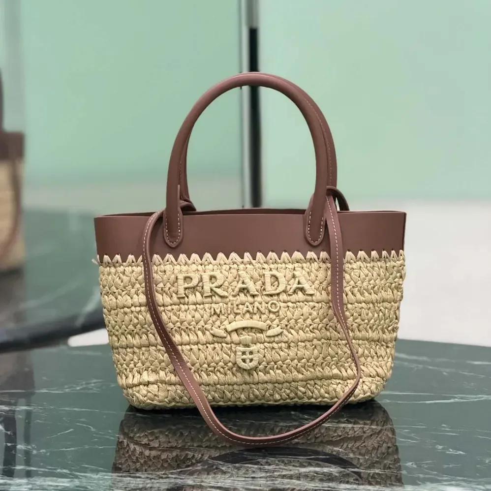 Prada Mini Crochet and Leather Tote Bag for Women Prada Mini Crochet and Leather Tote Bag for Women
