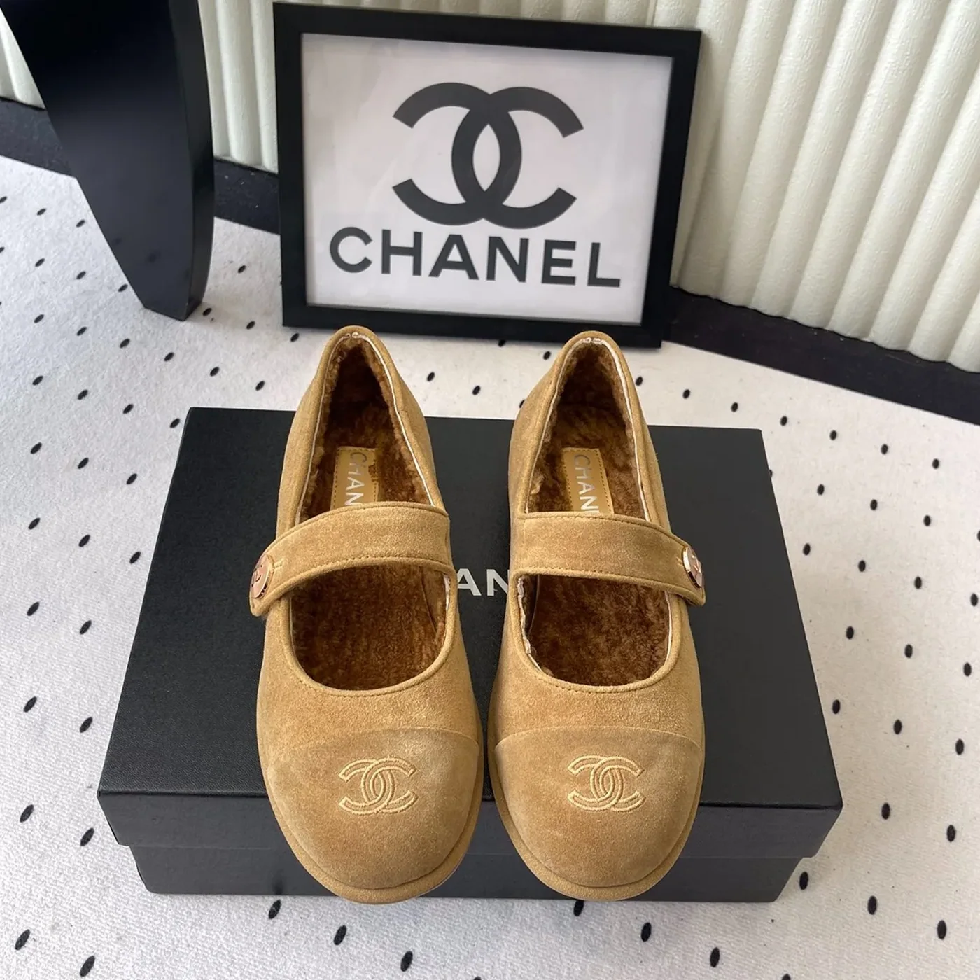 Chanel Mary Jane Flats Tan Suede Shearling