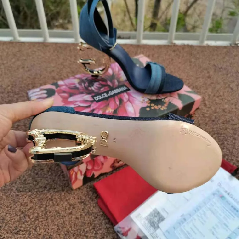 Dolce Gabbana D&G Patchwork Denim Sandals with Baroque DG Heel for Women Dolce Gabbana D&G Patchwork Denim Sandals with Baroque DG Heel for Women