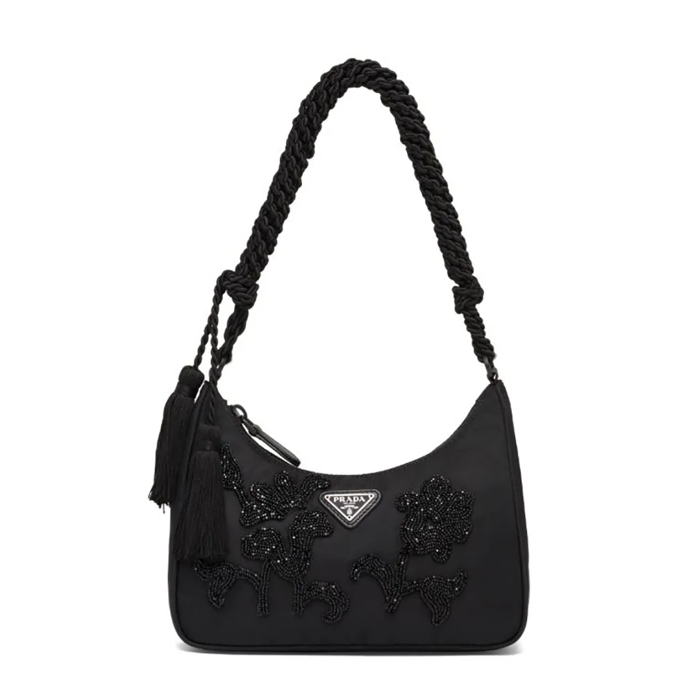 Prada Nylon Bag with Embroidery for Women in Black