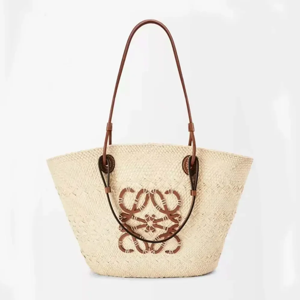 Loewe Large Anagram Basket Bag in Iraca Palm and Calfskin for Women