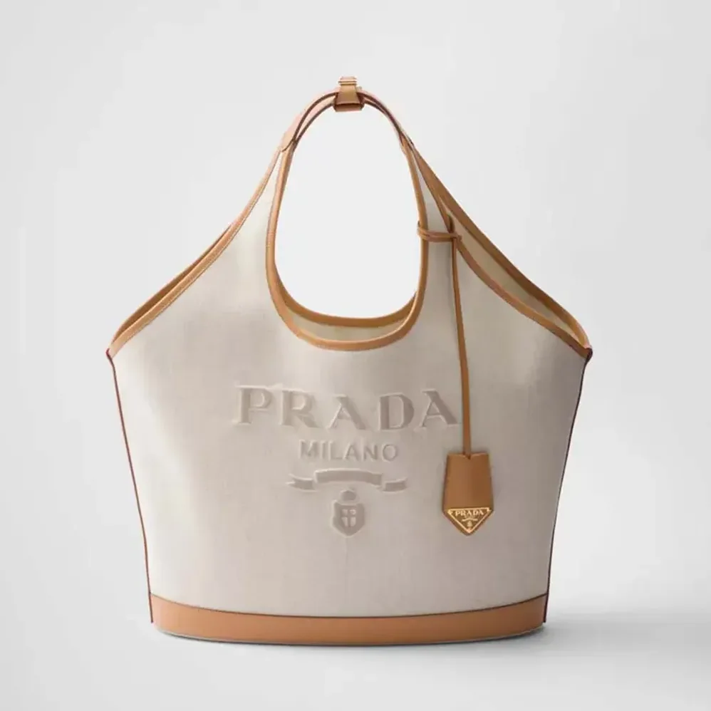 Prada Large Linen Blend and Leather Tote Bag for Women