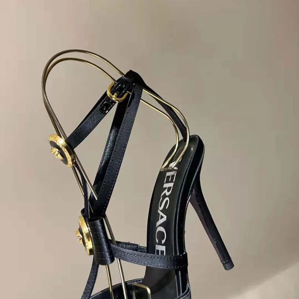Versace Gianni Ribbon Cage Satin Pumps for Women in Black Versace Gianni Ribbon Cage Satin Pumps for Women in Black