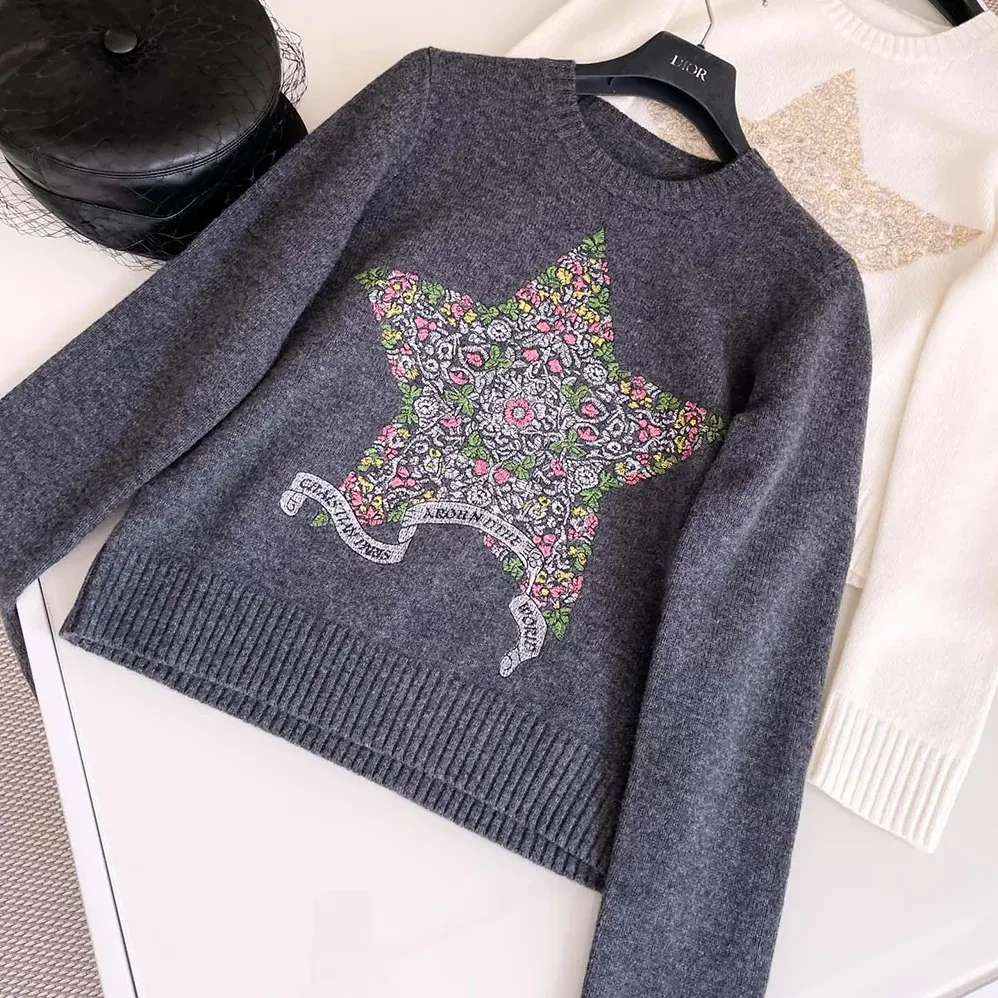 Dior Embroidered Sweater Gray Cashmere Knit for Women