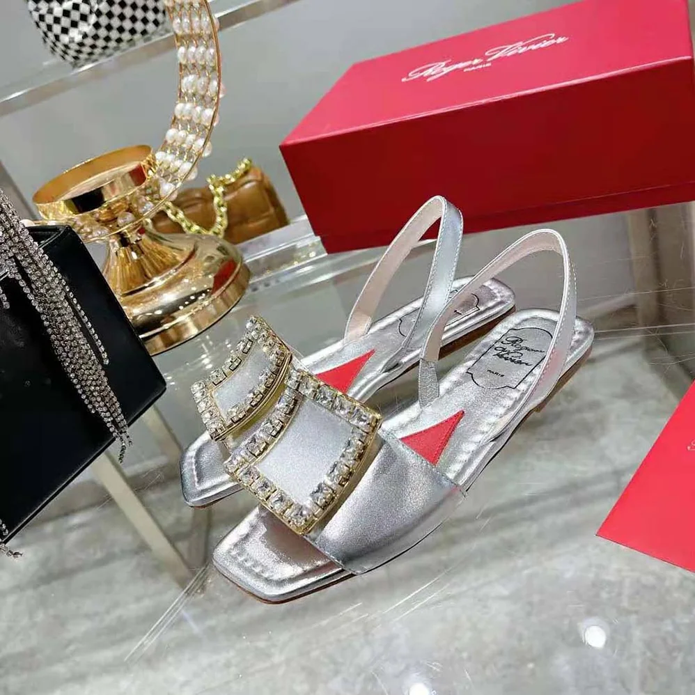 Roger Vivier Biki Love Strass Buckle Sandals in Leather for Women in Silver Roger Vivier Biki Love Strass Buckle Sandals in Leather for Women in Silver