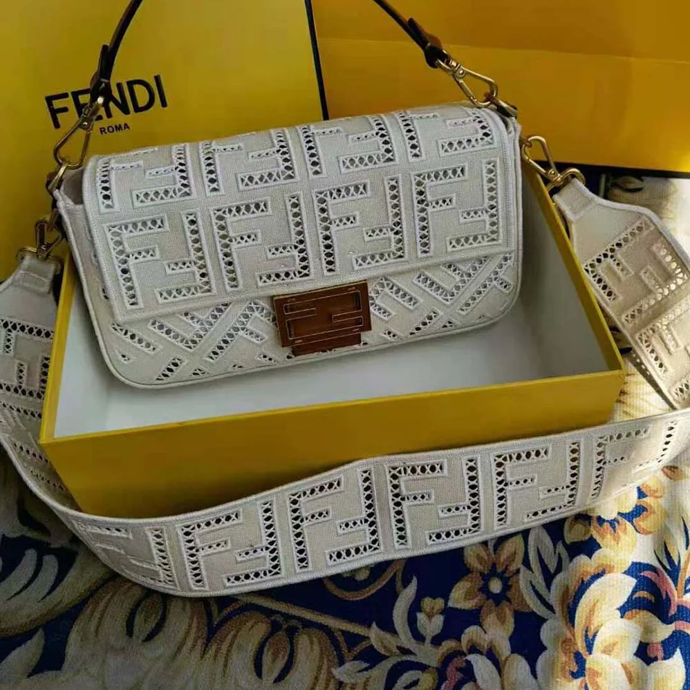Fendi Baguette Canvas Bag with Embroidery for Women in White Fendi Baguette Canvas Bag with Embroidery for Women in White