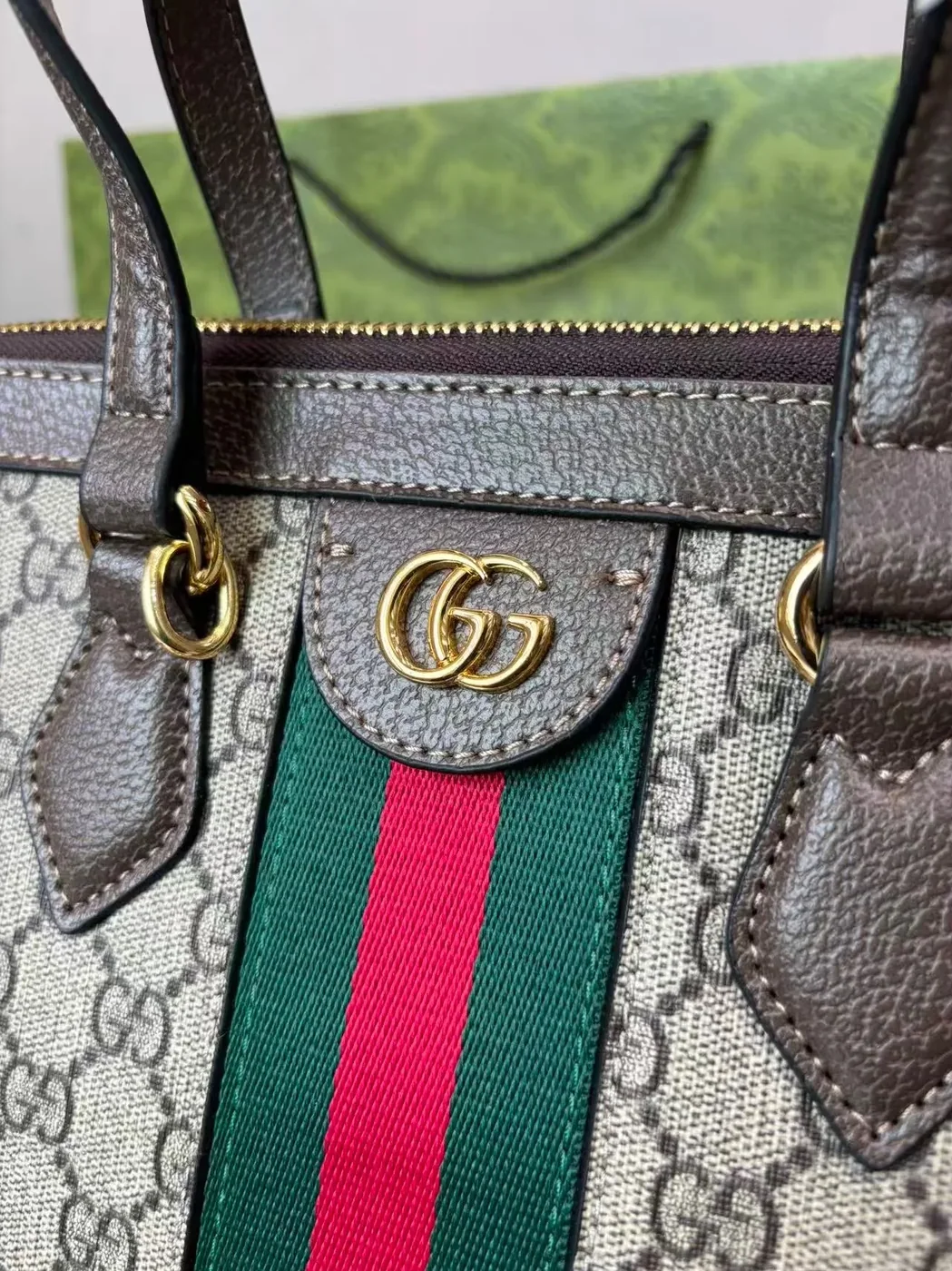 Gucci Ophidia Medium Top Handle Bag / Beige/Ebony Supreme Canvas Gold Hardware