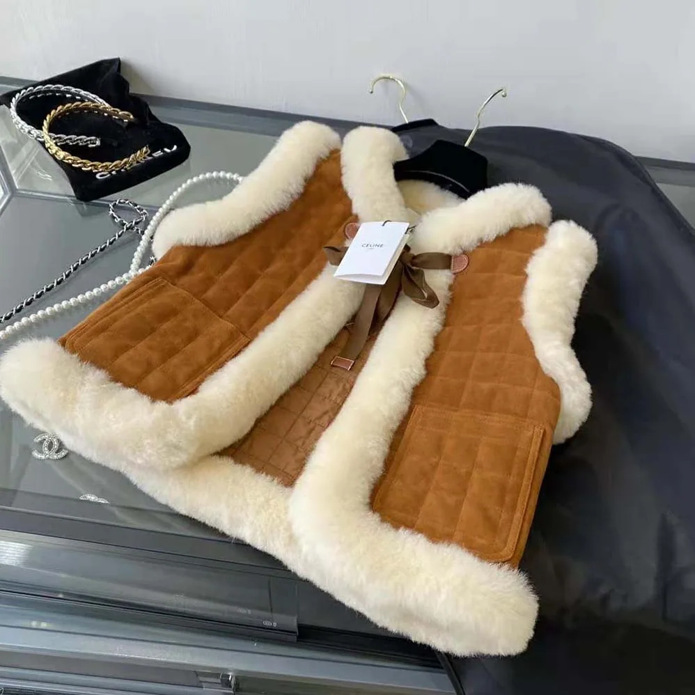 Celine Quilted Vest in Split Leather for Women in Brown