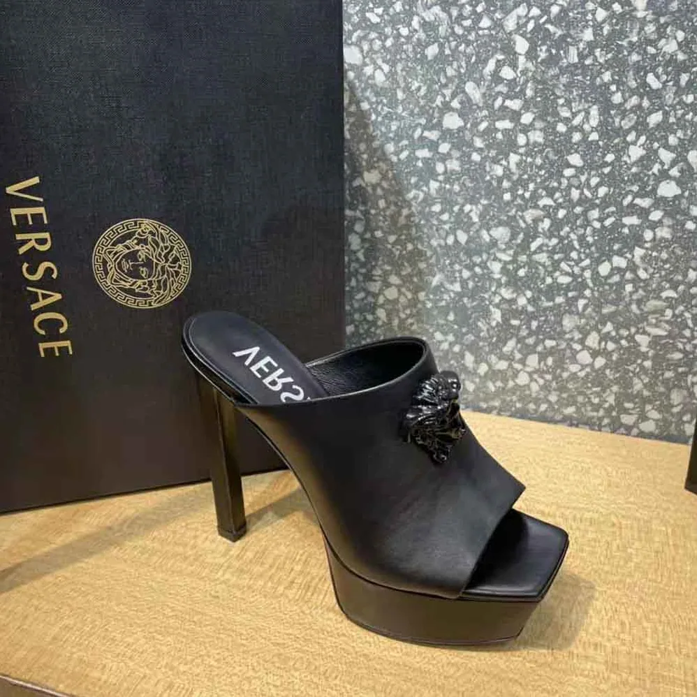 Versace La Medusa Platform Mules in Calf Leather for Women in Black Versace La Medusa Platform Mules in Calf Leather for Women in Black