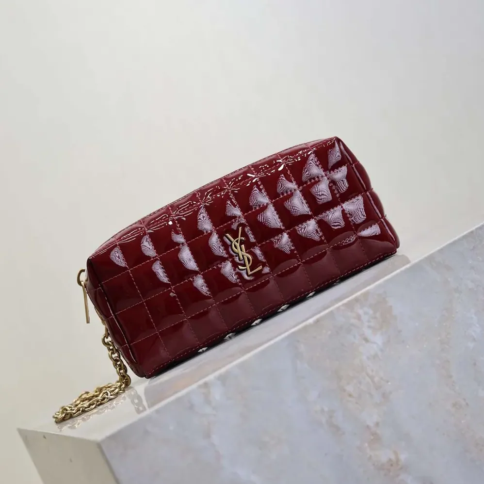Saint Laurent YSL Cassandre Matelassé Carré Pouch On Chain In Shiny Canvas for Women in Msroon Saint Laurent YSL Cassandre Matelassé Carré Pouch On Chain In Shiny Canvas for Women in Msroon