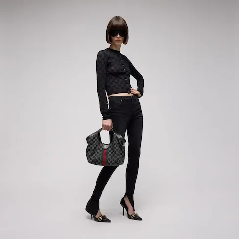 Gucci Giglio Small Tote Bag in Black Denim Palladium Hardware
