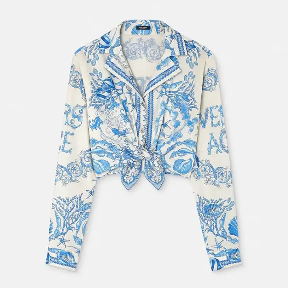 Versace Underwater Barocco Knotted Crop Cotton Shirt for Women
