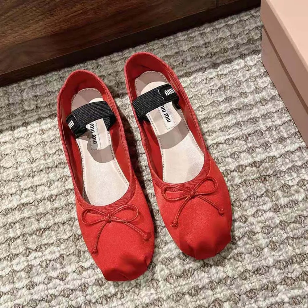 Miu Miu Satin Ballerinas with Knit Logo Label for Women in Red