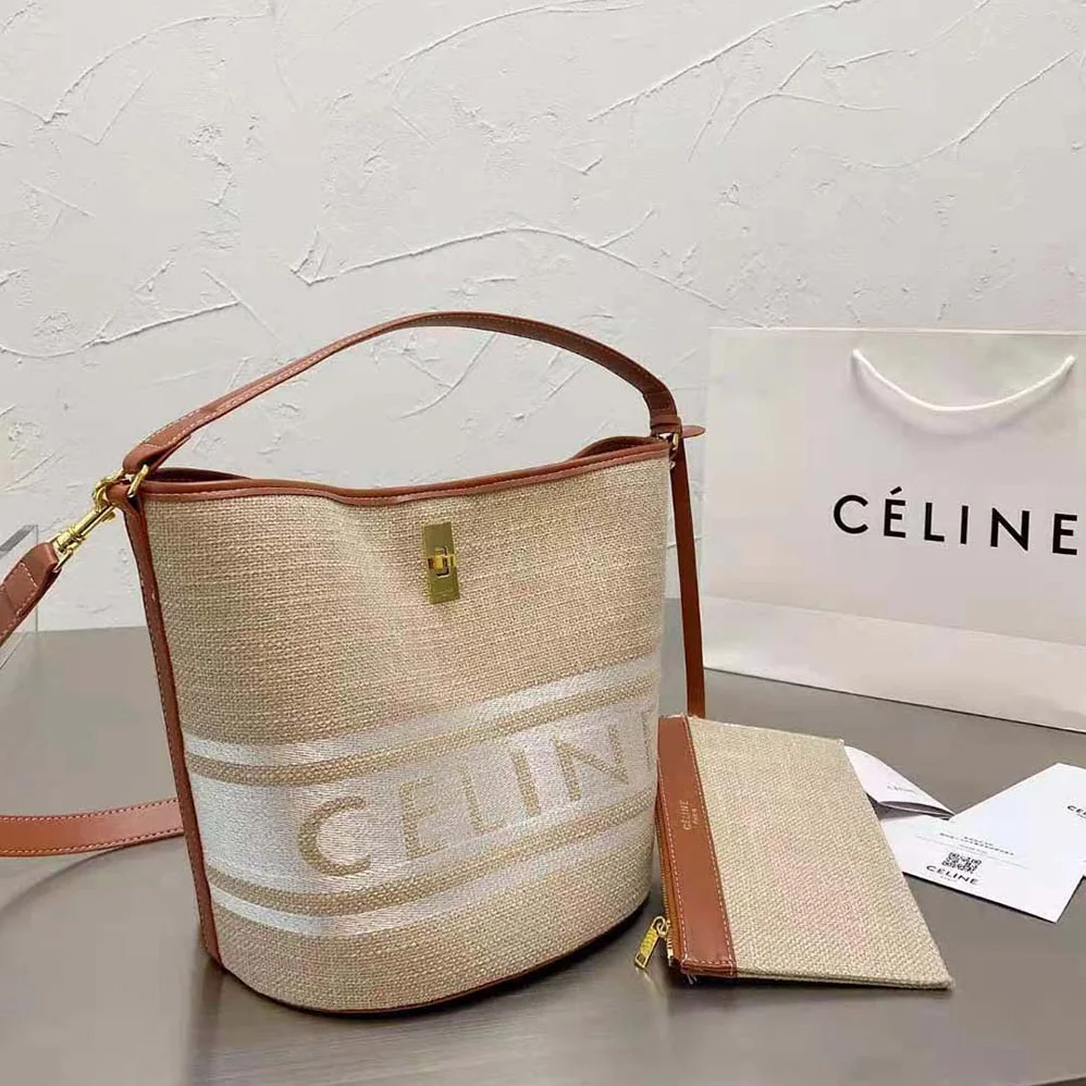 Celine Bucket 16 Bag in Textile with Celine Logo and Smooth Calfskin for Women