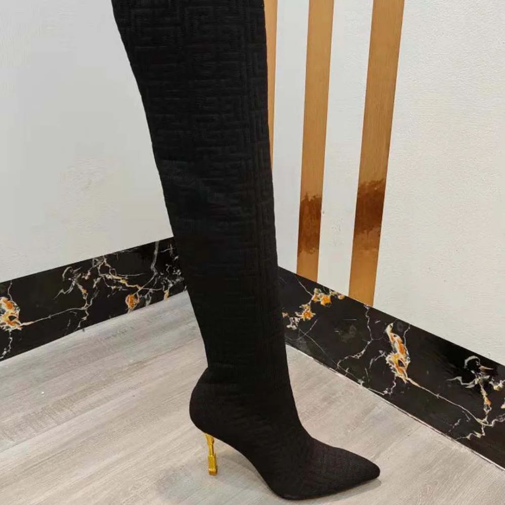 Balmain Moneta Mesh Thigh Boots with Monogram for Women in Black Balmain Moneta Mesh Thigh Boots with Monogram for Women in Black