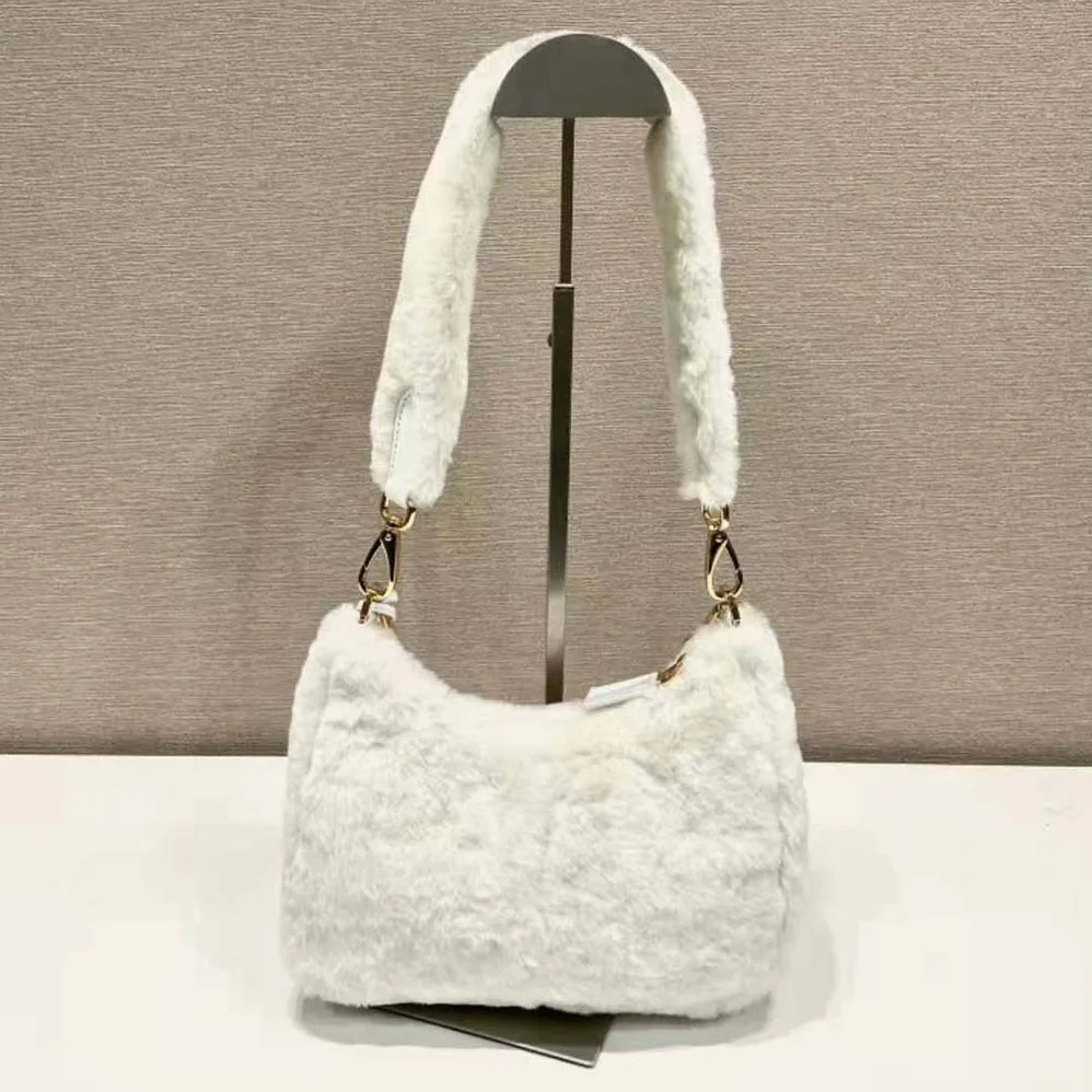 Prada Shearling Mini-Bag with the Enameled Metal Triangle Logo for Women in White Prada Shearling Mini-Bag with the Enameled Metal Triangle Logo for Women in White