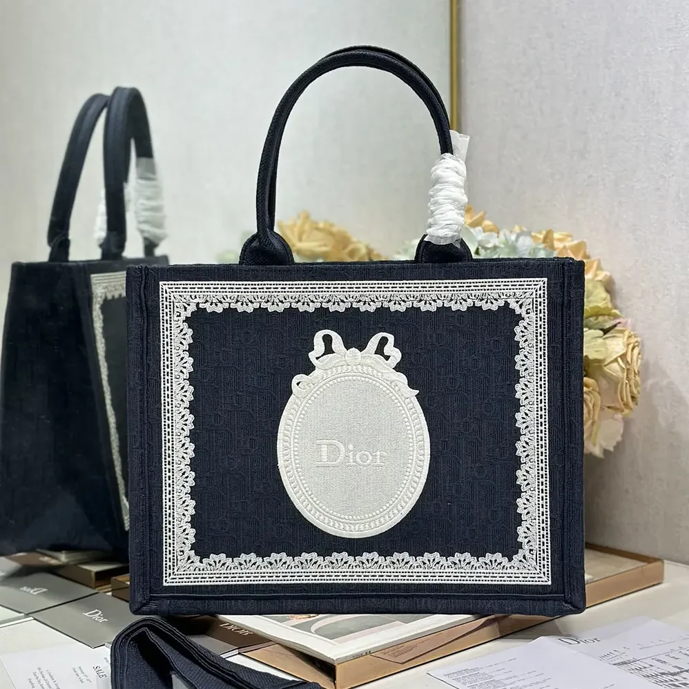 Dior Medium Dior Book Tote with Strap Celestial Blue Dior Oblique Embroidery with White Lace and Dior Médaillon for Wome Dior Medium Dior Book Tote with Strap Celestial Blue Dior Oblique Embroidery with White Lace and Dior Médaillon for Wome