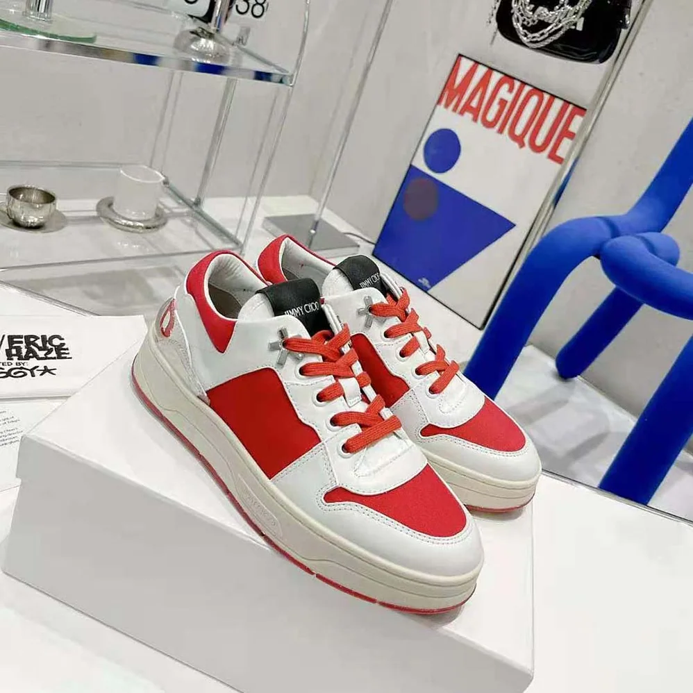 Jimmy Choo JC / Eric Haze Florent/M White Calf Leather and Red Canvas Trainers for Unisex