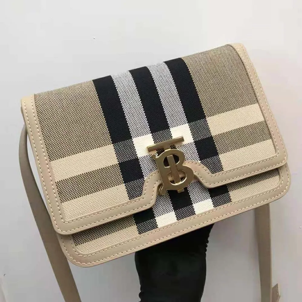 Burberry Medium Check Canvas and Leather TB Bag for Women in Beige Burberry Medium Check Canvas and Leather TB Bag for Women in Beige