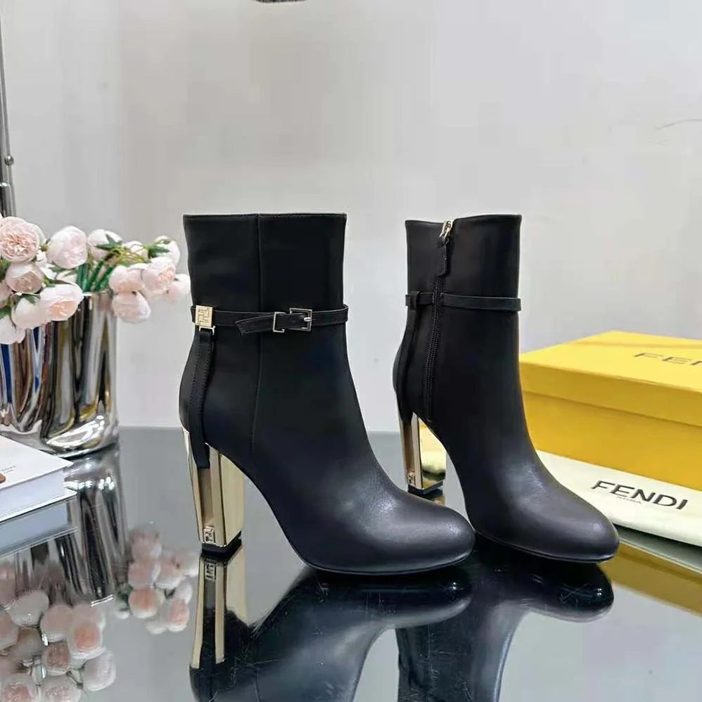 Fendi Delfina Black Leather High for Women in heeled Ankle Boots Fendi Delfina Black Leather High for Women in heeled Ankle Boots