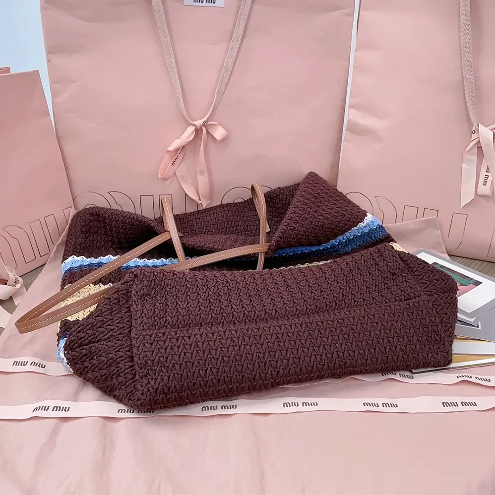 Miu Miu Raffia-Effect Woven Tote Bag for Women in Cocoa Brown/Celeste/Natural Miu Miu Raffia-Effect Woven Tote Bag for Women in Cocoa Brown/Celeste/Natural
