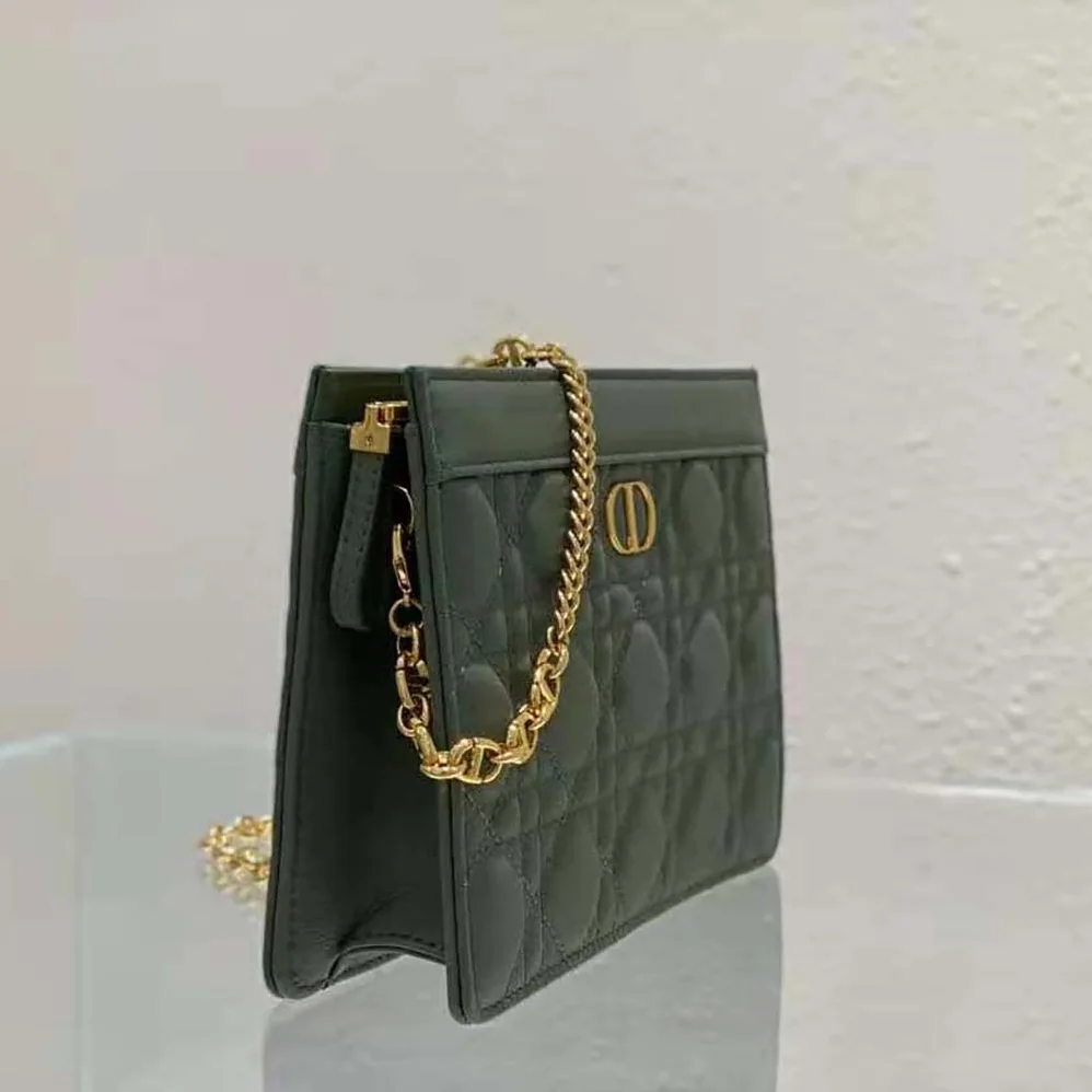 Dior Caro Zipped Pouch with Chain Cedar Green Supple Cannage Calfskin for Women in Green Dior Caro Zipped Pouch with Chain Cedar Green Supple Cannage Calfskin for Women in Green