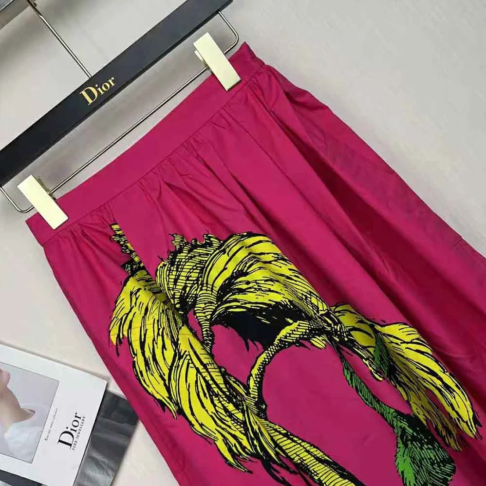 Dior Mid-Length Pleated Skirt Pink Cotton Poplin with Multicolor D for Women in Tiger Pop Motif