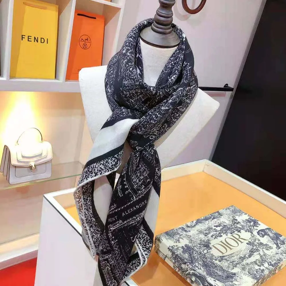 Dior Plan De Paris 90 Square Scarf Black and White Silk Twill for Women