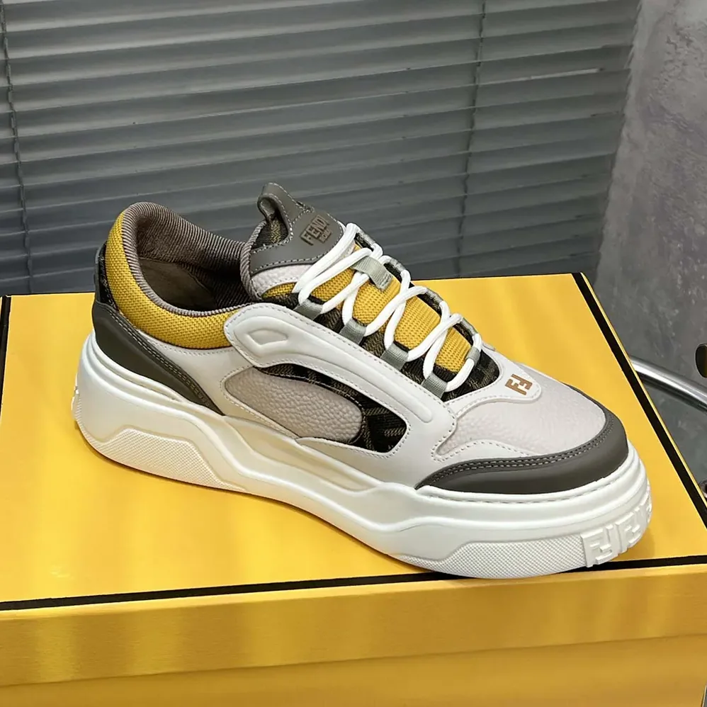 Fendi Fendi Force Sneakers White Brown and Yellow Leather Low for Unisex in tops