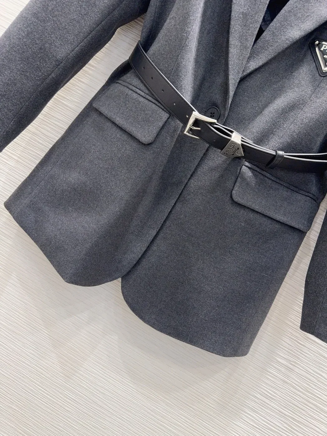 Prada Belted Tailored Blazer With Triangle Logo Grey