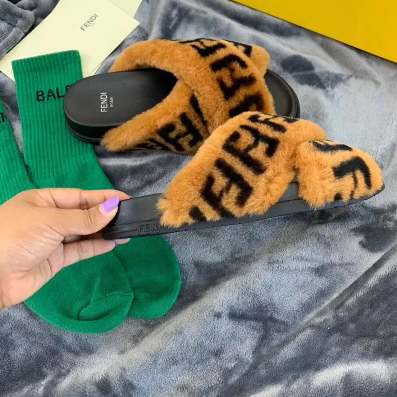 Fendi Shearling FF Logo Leather & Dyed Shearling Fur Cross Slides Fall/Winter 2019 Collection, Black in Brown Fendi Shearling FF Logo Leather & Dyed Shearling Fur Cross Slides Fall/Winter 2019 Collection, Black in Brown