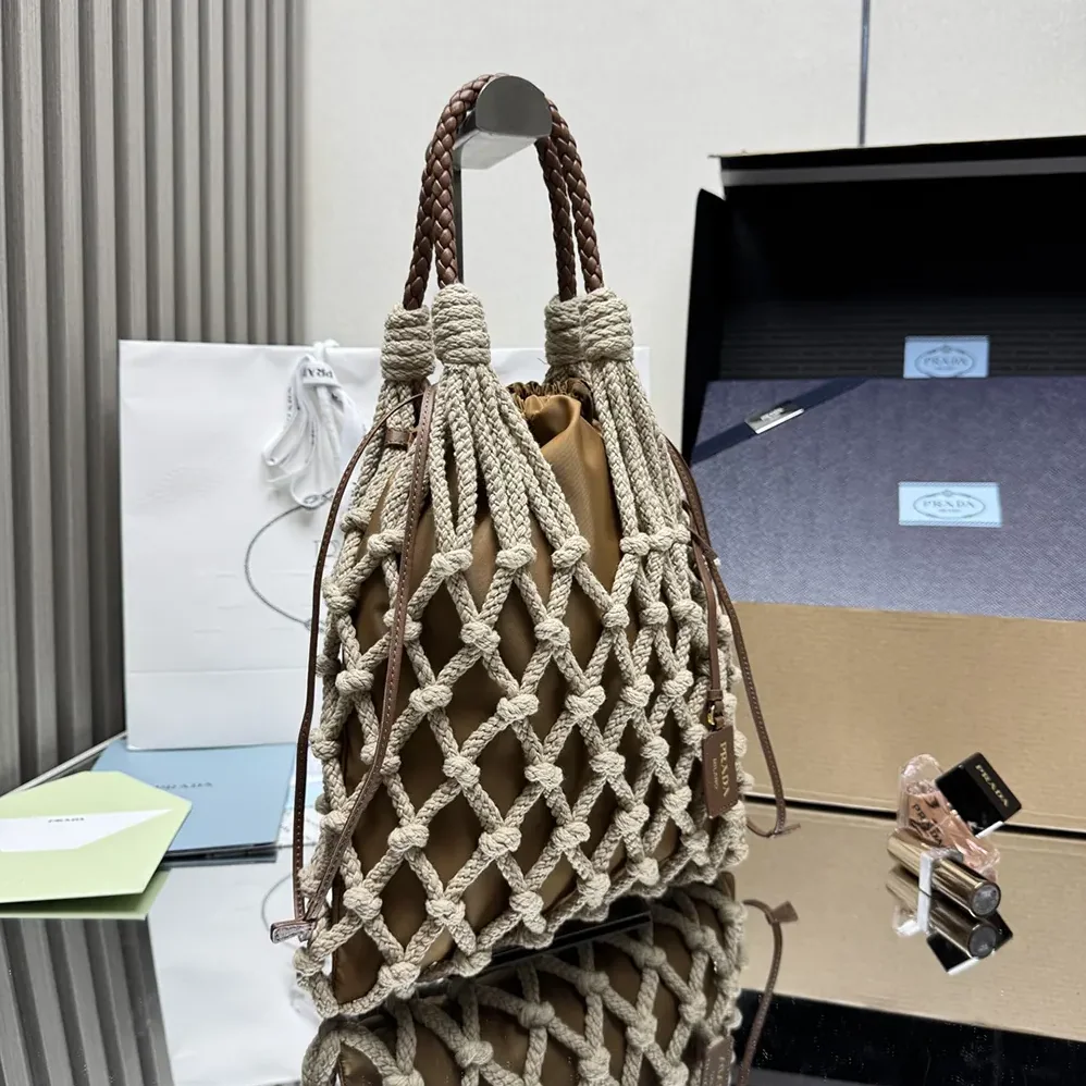 Prada Cotton Cord Macramé Tote Bag for Unisex in Brown