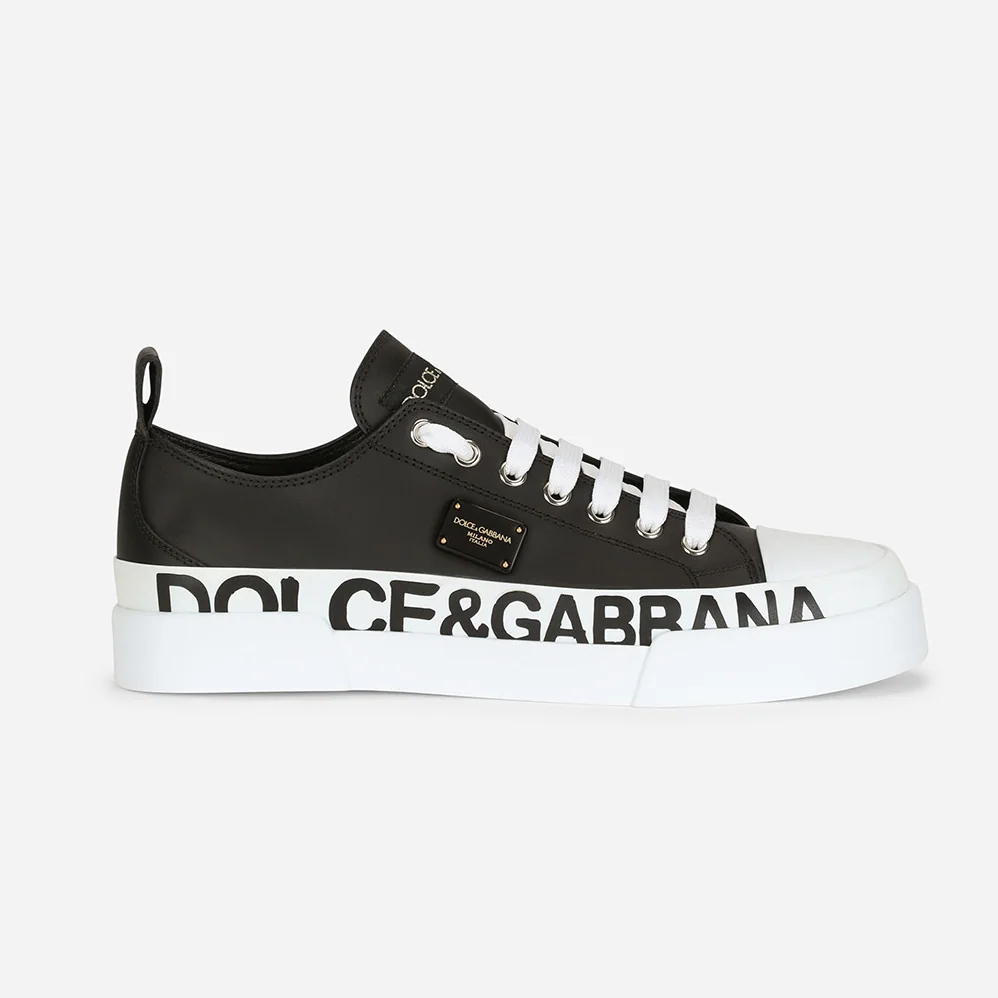 Dolce Gabbana D&G Calfskin Portofino Light Sneakers with Logo-Detailed Plate and Logo Print for Women in Black