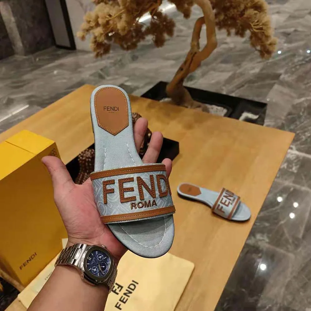 Fendi Signature Light Blue Denim Slides for Women