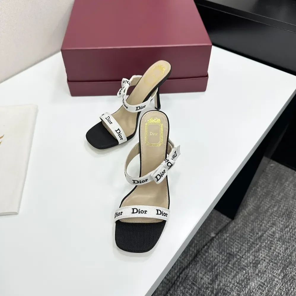 Dior Heeled Sandal with J'Adior Straps Black Embroidered Cotton for Women Dior Heeled Sandal with J'Adior Straps Black Embroidered Cotton for Women