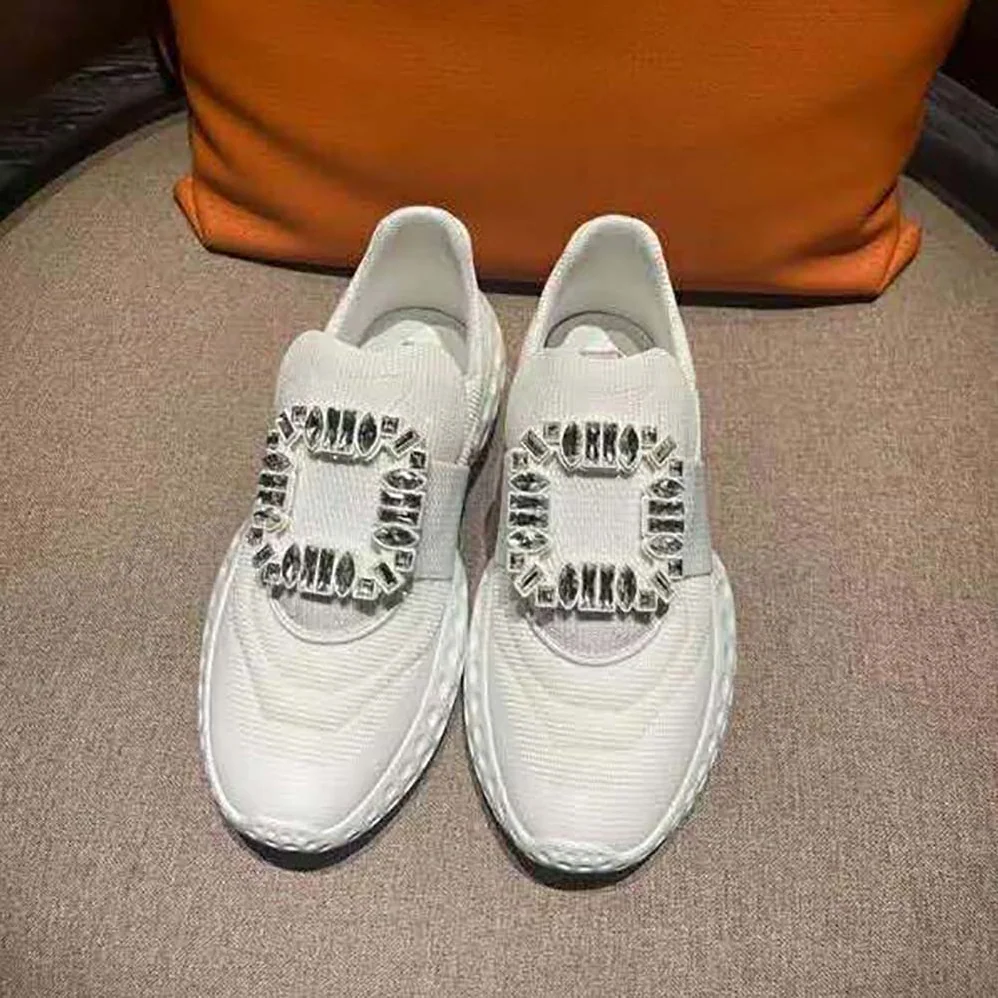 Roger Vivier Viv' Run Light Strass Buckle Sneakers in Fabrics for Women in White Roger Vivier Viv' Run Light Strass Buckle Sneakers in Fabrics for Women in White