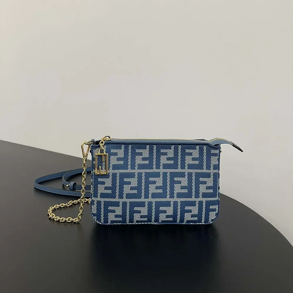 Fendi Baguette Pouch Blue Denim-effect FF Jacquard Charm Pouch with Chain for Women