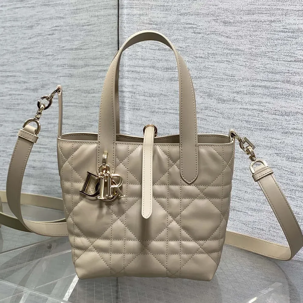 Dior Small Dior Toujours Vertical Tote Bag Powder Beige Macrocannage Calfskin for Women