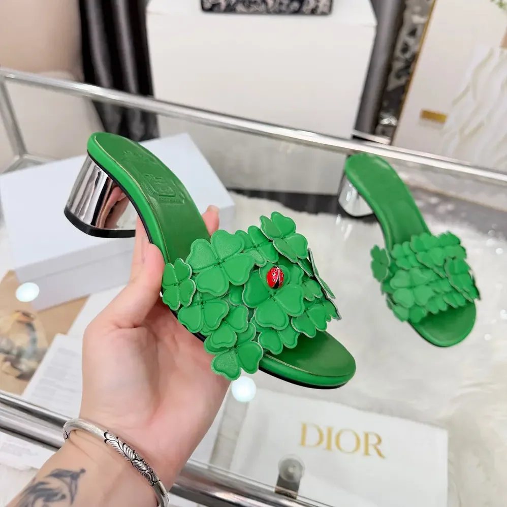 Dior Bloom Heeled Slide Green Dior Clover Embroidered Lambskin for Women Dior Bloom Heeled Slide Green Dior Clover Embroidered Lambskin for Women