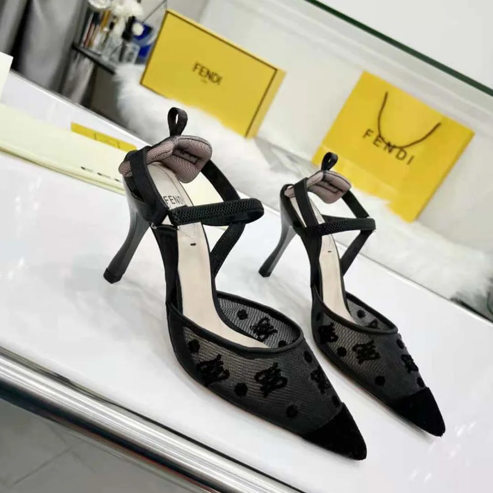 Fendi Colibri Lite High-Heeled Black Mesh and FF Karligraphy Slingbacks for Women Fendi Colibri Lite High-Heeled Black Mesh and FF Karligraphy Slingbacks for Women
