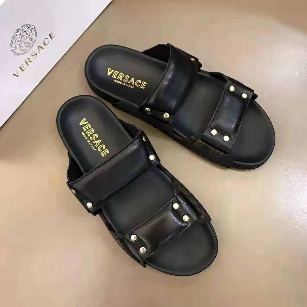Versace Speed Logo Leather Sandals for Men in Black Versace Speed Logo Leather Sandals for Men in Black