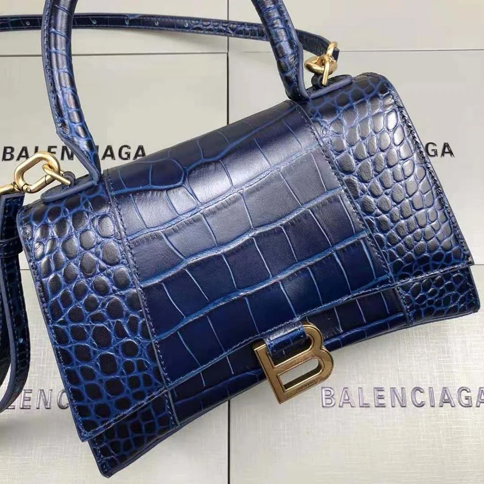 Balenciaga Hourglass Small Top Handle Bag in Navy Crocodile Embossed Calfskin for Women