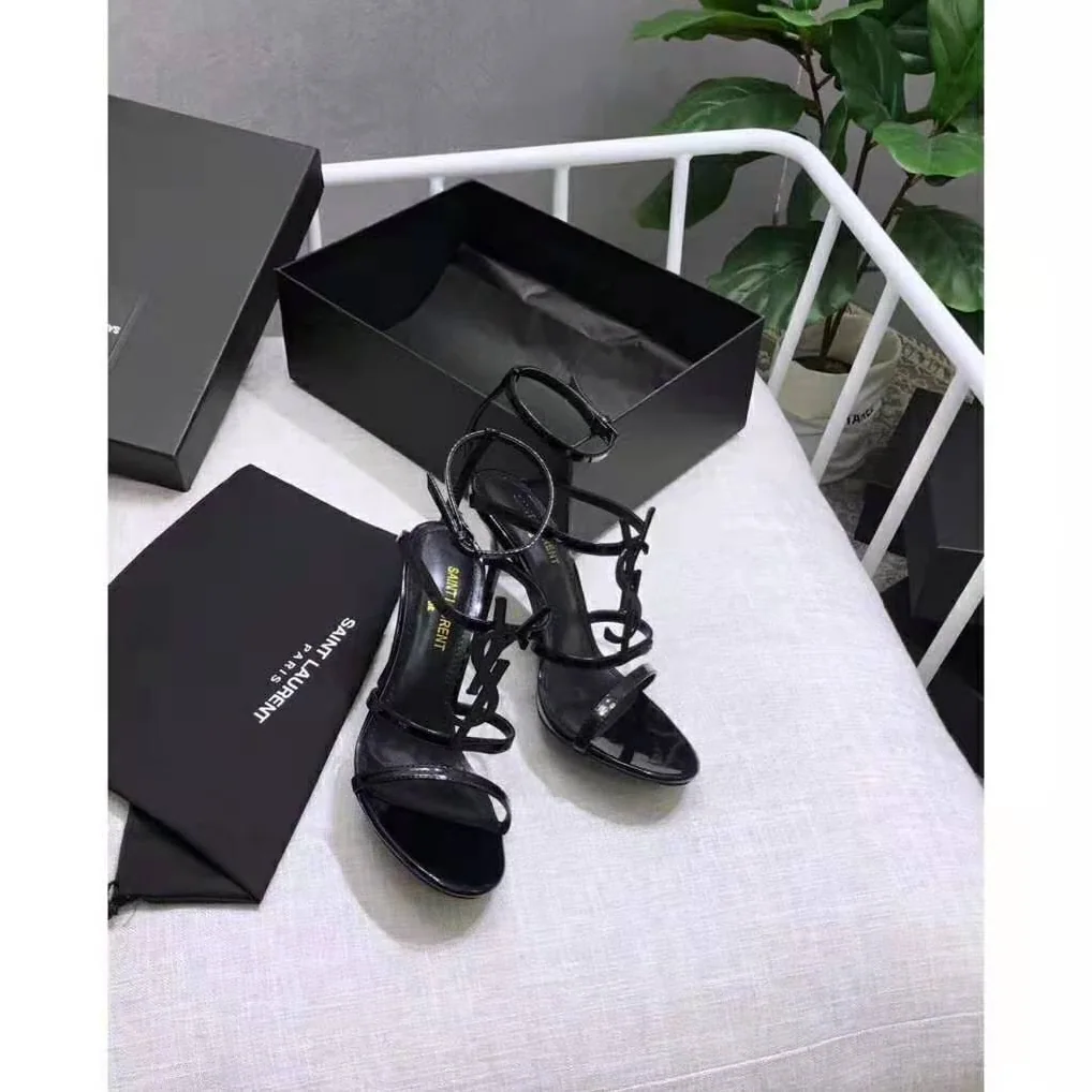 Saint Laurent YSL Cassandra Sandal Black Logo Patent 10.5cm for Women