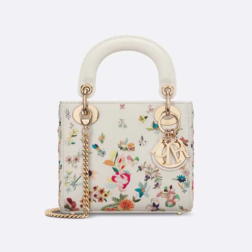 Dior Mini Lady Dior Bag Latte Calfskin Embroidered with Multicolor Small Flowers for Women