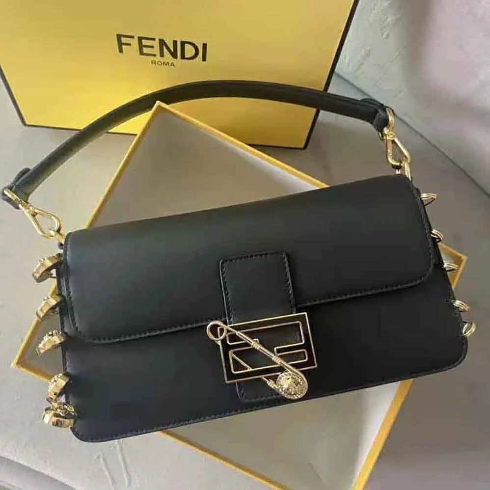 Fendi Baguette Brooch Fendace Black Leather Bag for Women