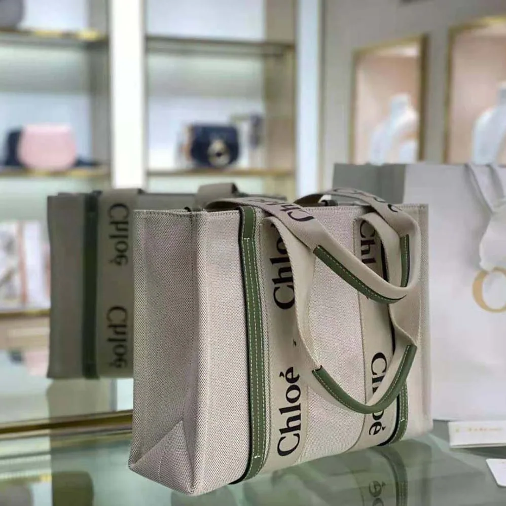 Chloe Medium Woody Tote Bag in Cotton for Women in Green Chloe Medium Woody Tote Bag in Cotton for Women in Green