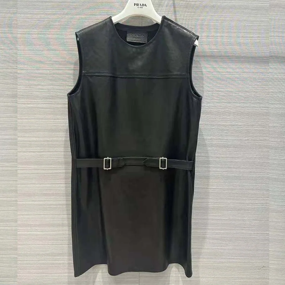 Prada Leather Dress with Knit Triangle Logo for Women in Black Prada Leather Dress with Knit Triangle Logo for Women in Black