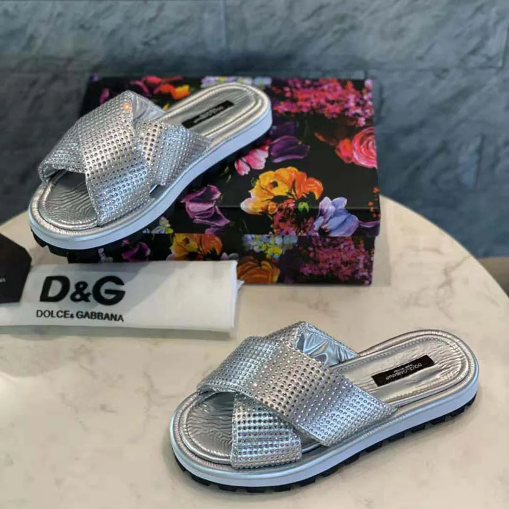 Dolce Gabbana D&G Padded Nylon Sliders with Fusible Rhinestones for Women Dolce Gabbana D&G Padded Nylon Sliders with Fusible Rhinestones for Women